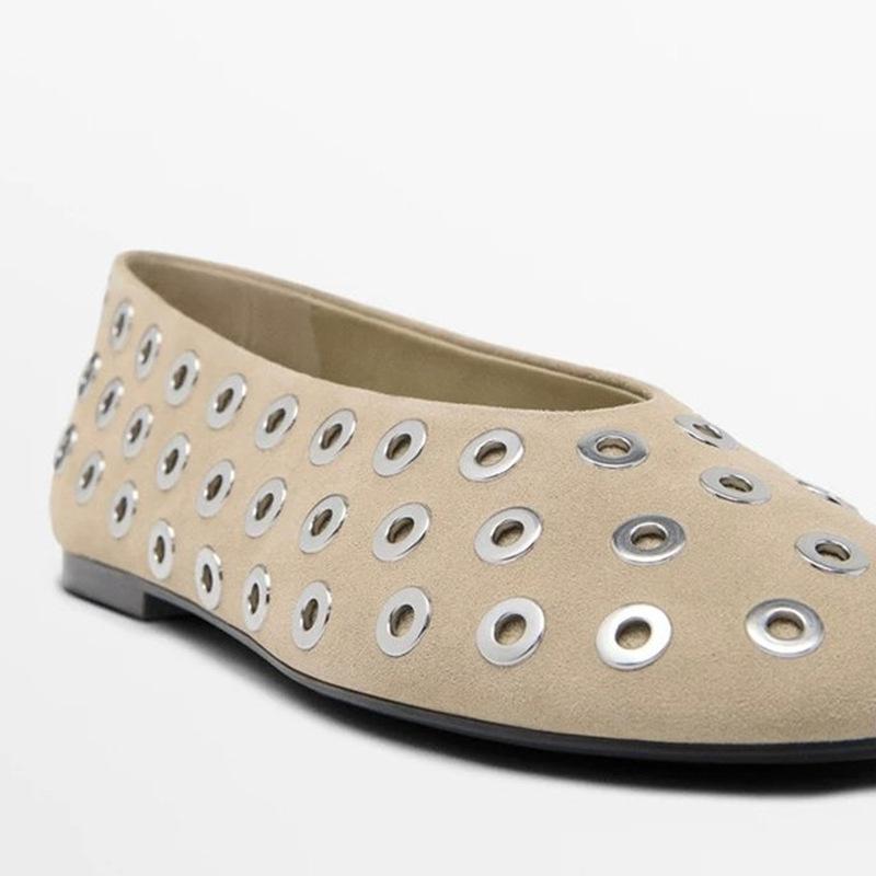 Cowhide version~ French niche design round head metal decoration fashion ballet flat shoes women's pedal cool single shoes