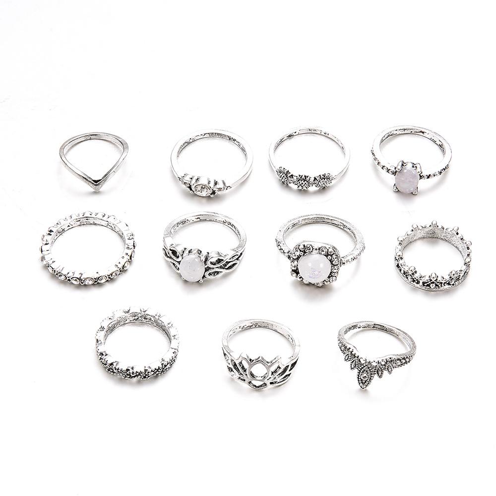 Women's Knuckle Ring Set Opal Joint Stackable Middle Finger Ring Bohemian Vintage Jewelry 11 Pieces/set