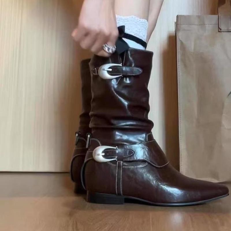 Fashion Retro Knight Boots Autumn New Fashion Pointed Toe Metal Belt Buckle Inside Heightened Anti-Slip Wear-Resistant Mid-