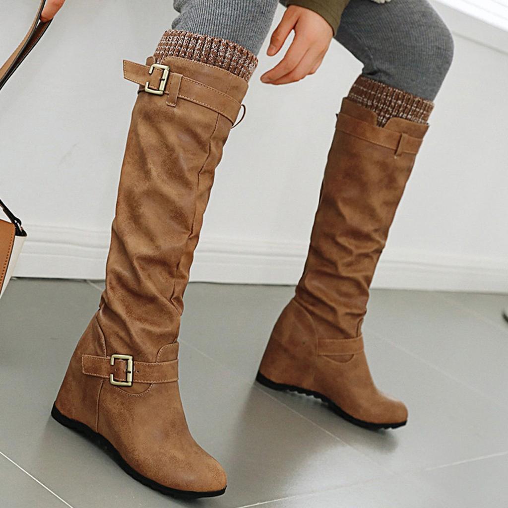 Women's Slip-On Wedges Knee Bare Boots Square Heel Casual Middle Booties