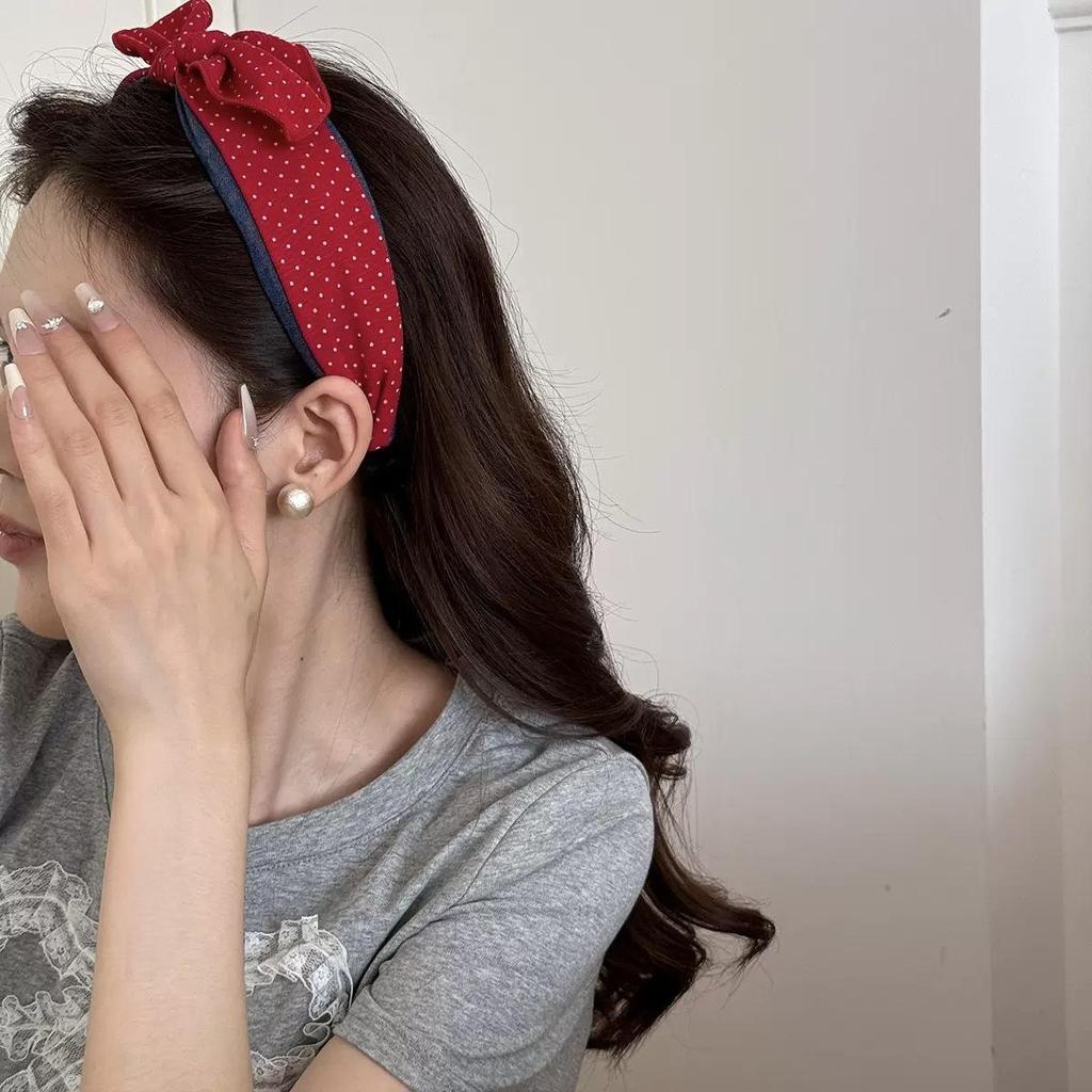 Korean Plaid Navy Bow Headband with Non-Slip Teeth for Women