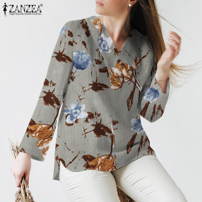 

ZANZEA Стильная повседневная блузка с длинным рукавом с V-образным вырезом и принтом