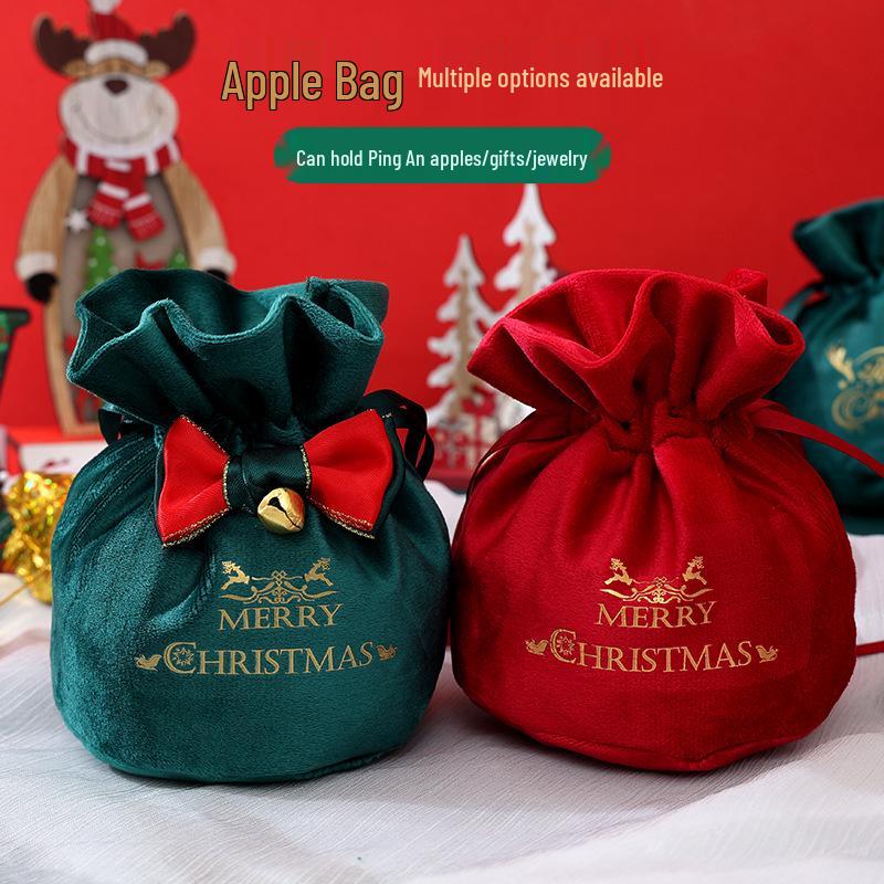 Cross-border Christmas Flannel Apple Drawstring Gift Bag with Bow - Cartoon Candy Bag for Kids