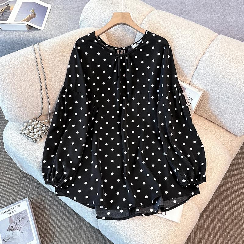 

Женская рубашка большого размера нового весенне-осеннего стиля, свободного кроя, с галстуком в горошек и круглым вырезом, с длинным рукавом 6XL чёрный