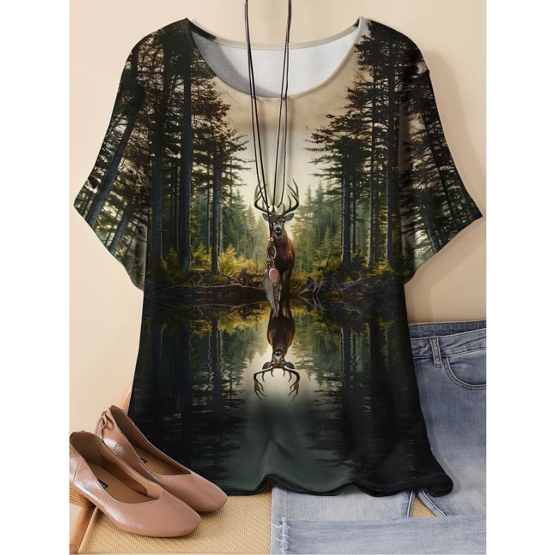 Women's Short-sleeved Round-neck T-shirt with Fox Pattern Print