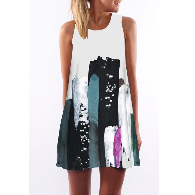 European Station European and American New Retro Digital Printing Round Neck Hot-selling Off-the-shoulder Medium and Long Vest Dress