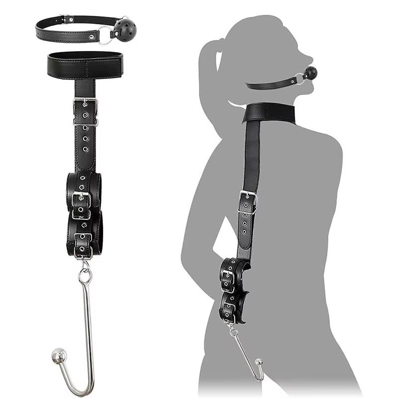 BDSM Sex Bondage Restriksjoner Kit Lær Lårsele Brystbelte Bak Ryggen Håndjern Åpne Ben SM Slave Fetisj Analkrok