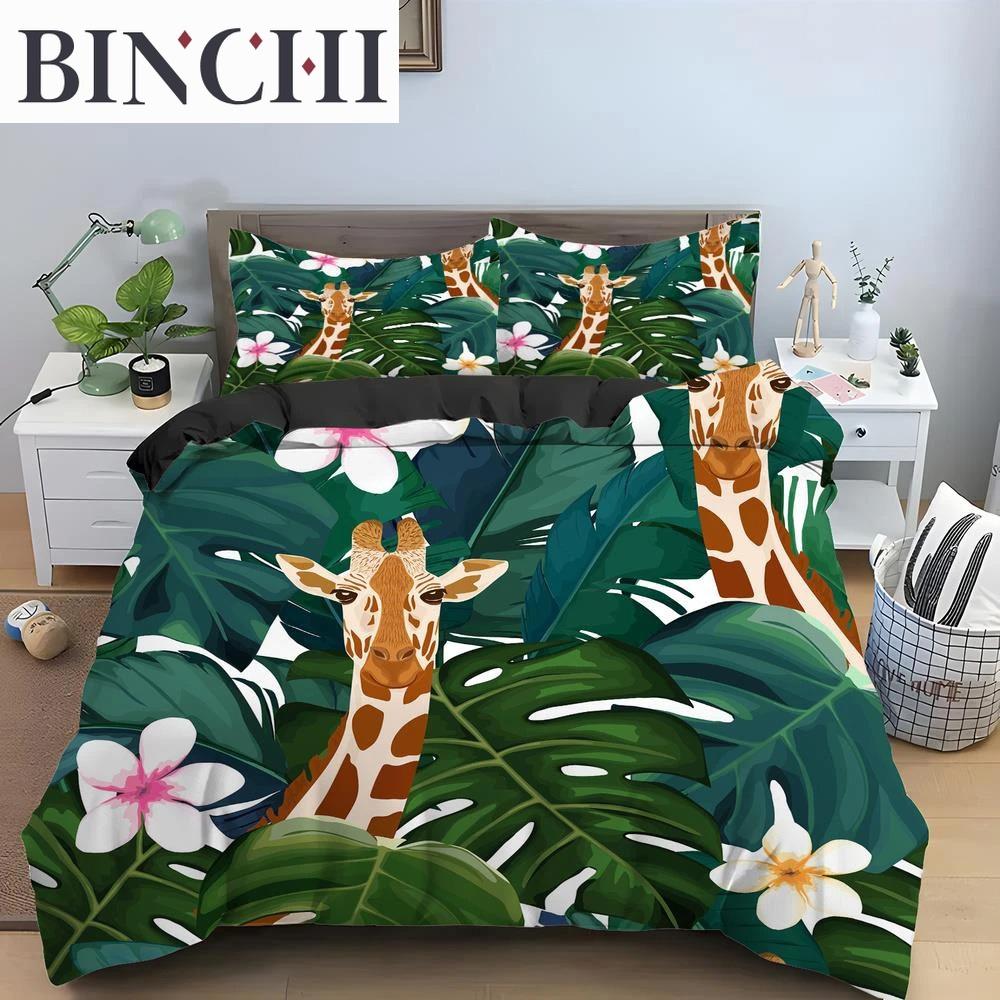 Cartoon Giraffe König Königin Bettbezug Jungen Mädchen Tier Bettwäsche Set Wildtiere Deckenbezug Polyester Bettdecke