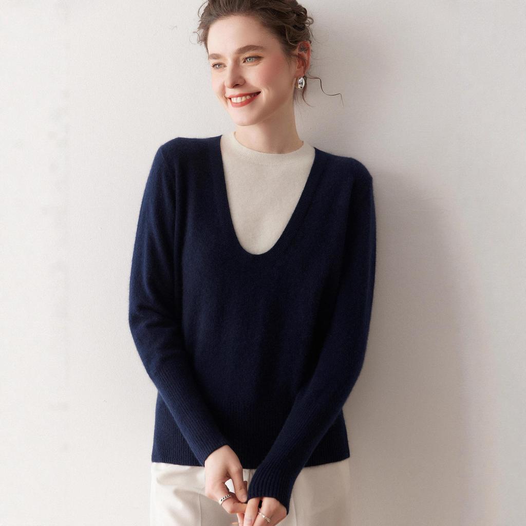 Women's Colorblock Round Neck Two-Piece Cashmere Sweater - Long Sleeve Knitwear for Autumn/Winter
