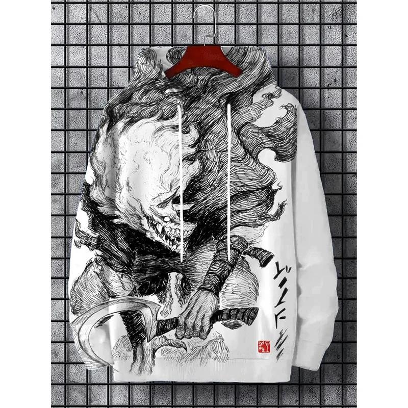 Japanische Harajuku Bedruckte Hoodies für Herren Berg Katze Tentakel Grafik Sweatshirts Lässig Lockeres Sweatshirt Lange Ärmel Pullove