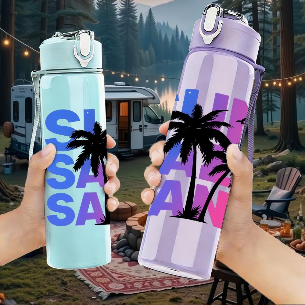 1PC Sun Sand Palm Tree Text Graphic 750ml Color Plastic Sports Water Bottle Leakproof Flip Straw Lid Suitable for Sports Office Home Use