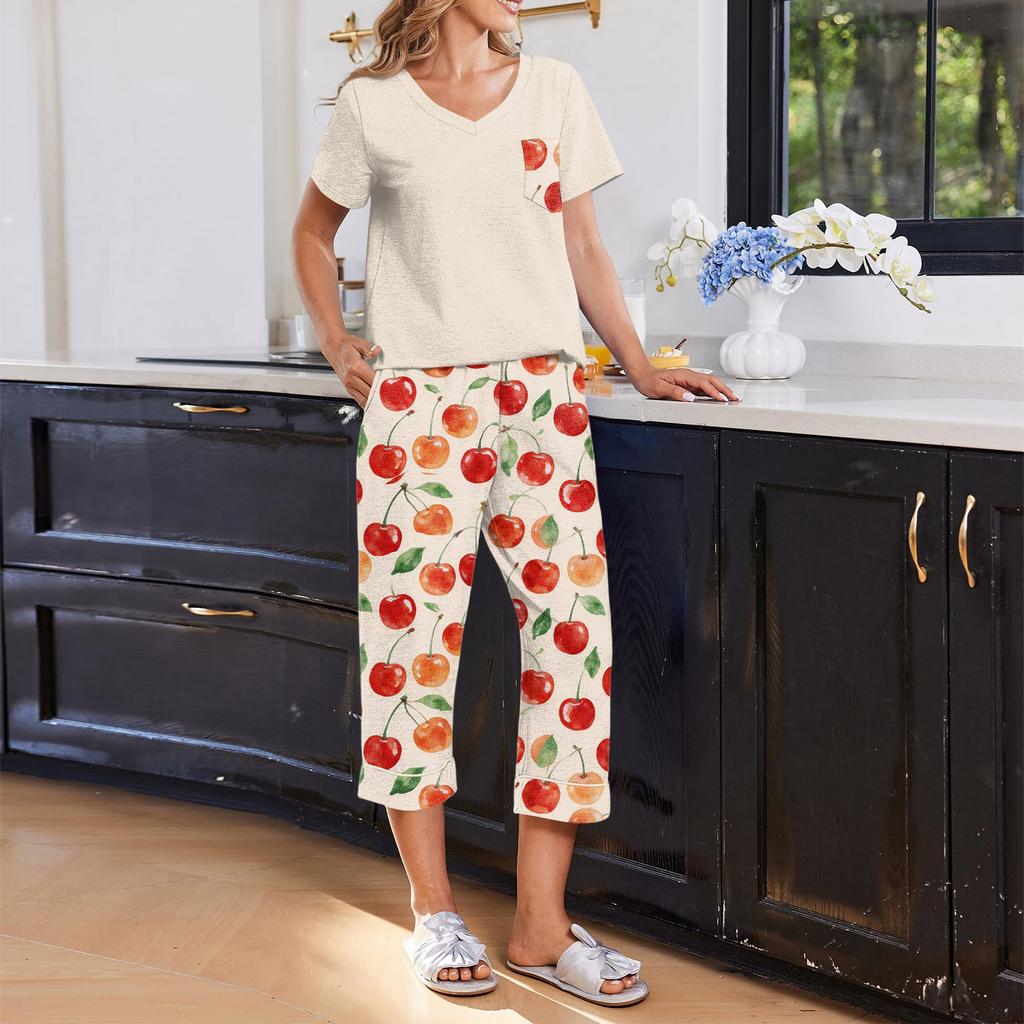 Damen Freizeit Locker geschnittenes Kurzarm V-Ausschnitt T-Shirt und Capri-Hosen Set mit Fruchtprint Bequemes Hausanzug Lounge Schlafanzug Set