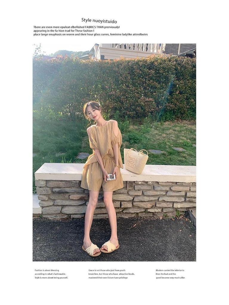 Korean Off-Shoulder Chiffon Top & Shorts Set, Women's Summer Petite Collection, Fresh & Airy Style