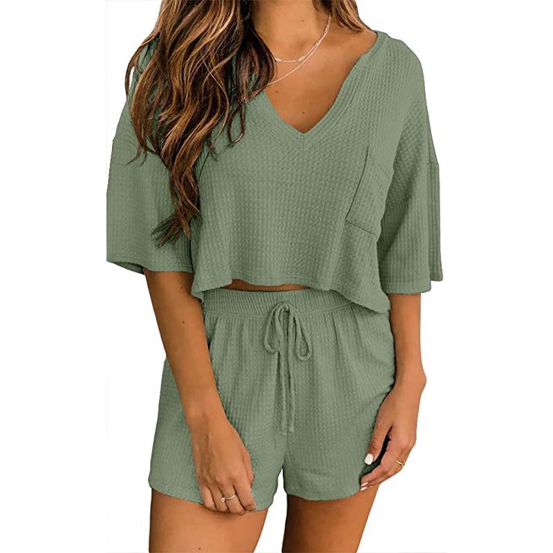 Spring and Summer Waffle Short Sleeve V-Neck Top Shorts Home Two Piece Set