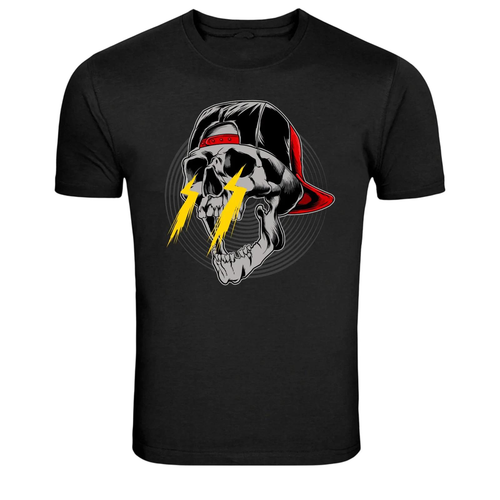 Skull Lightning Eyes Cap Street Graphic T-Shirt L