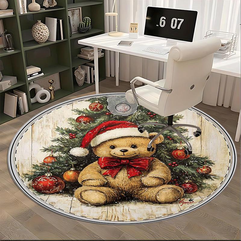 1pc Christmas Teddy Bear Santa Hat Chair Mat - Anime Cartoon Design, Non-Slip Carpet for Office Chair, Home Decor, Living Room, Bedroom, Game Room, Do