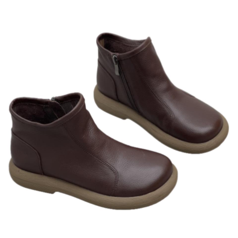 Round-toed Flat Casual Side-zipped Women's Shoes with Short Boots