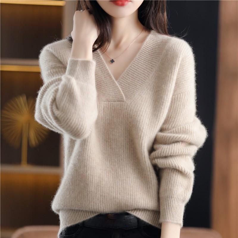 Autumn Winter Jumpers Women's Solid Loose Knit Sweater V-neck Basis Pullover Knitwear Soft Warm Chic Femme Sweater Casual Tops