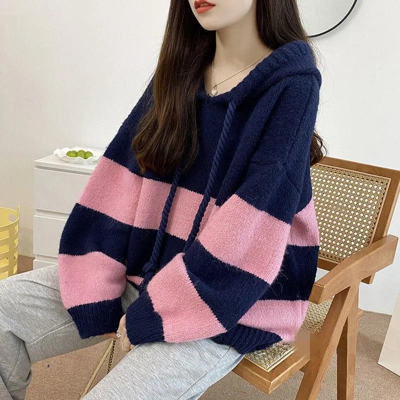 Sweater for Women Autumn Winter Thickened Hooded Pullover Warm Knitted Striped Stretchy Long Sleeve Oversize Jumper Sweater Tops