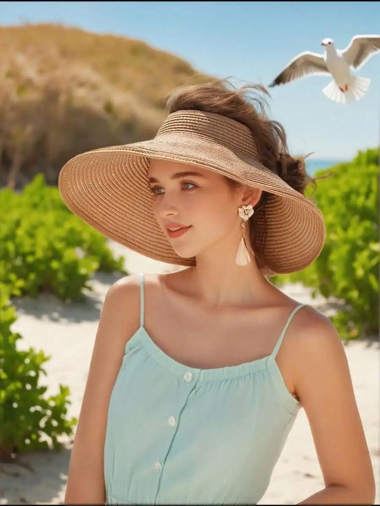 Women's Beige Bohemian Elegant Straw Sun Hat - Foldable Summer Beach Hat With Bow Decor, UV Protection, Adjustable Size,