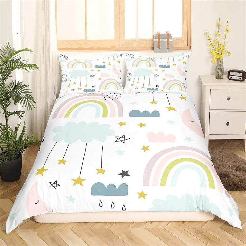 Cartoon Rainbow King Queen Duvet Cover Kids Girls Colorful Clouds Bedding Collection Love Heart Comforter Cover Polyester Quilt Cover