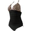 Women's Leopard Print & Black Halter One Piece Swimsuit - Ruched Tummy Control Metal Accent Beachwear