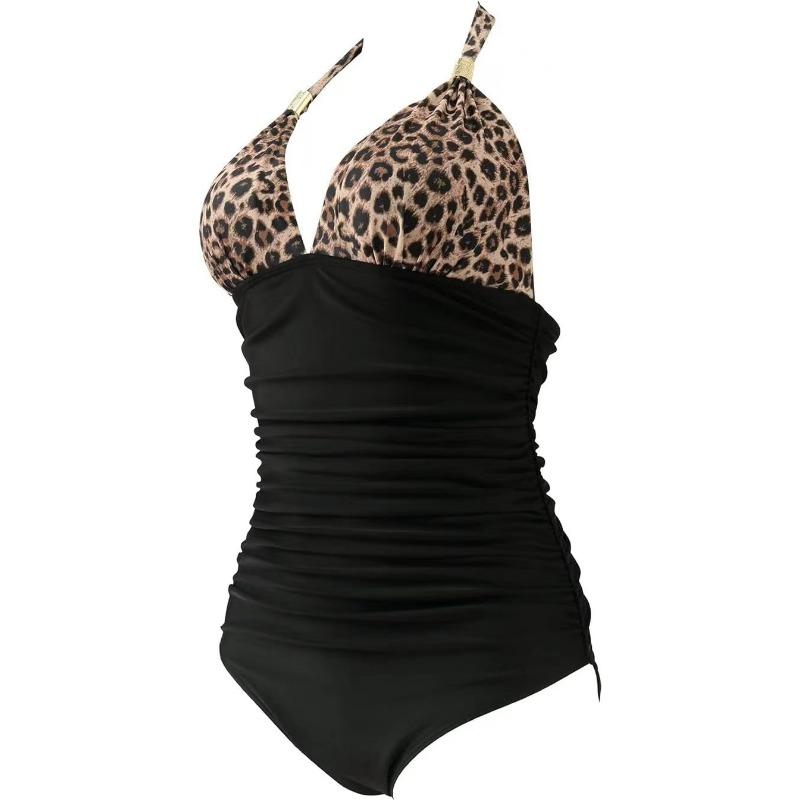 Women's Leopard Print & Black Halter One Piece Swimsuit - Ruched Tummy Control Metal Accent Beachwear