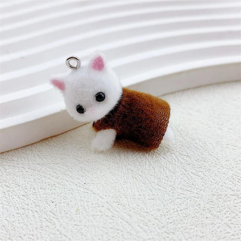 Dress Cat Pendant Cute 3D Hairy Flocking Animal Cat Charms Miniature Dolls Keychain Necklace Pendant DIY Crafts Jewelry Make