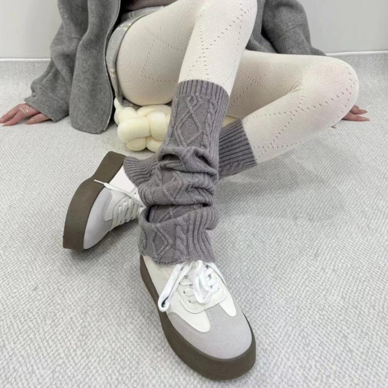 Fashion Rhombus Pattern Wool Leg Covers Cable Knitted Leg Warmers for Cold Weather Footless Long Boot Socks Hosiery