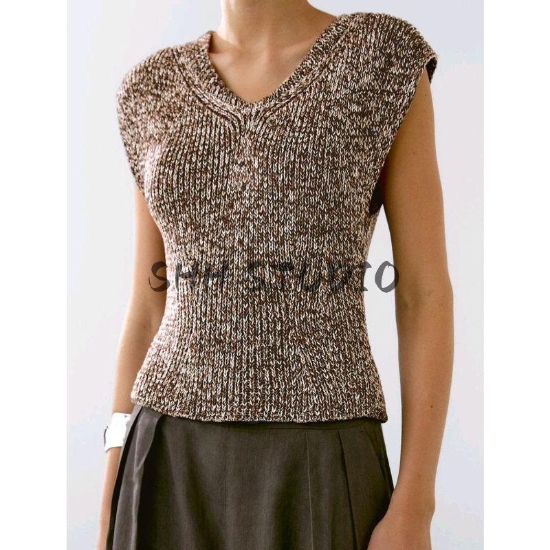 MD Summer New Arrival Women's French Cotton Two-Color Yarn V Neck Sleeveless Knitting Vest T-shirt Tops 5691733