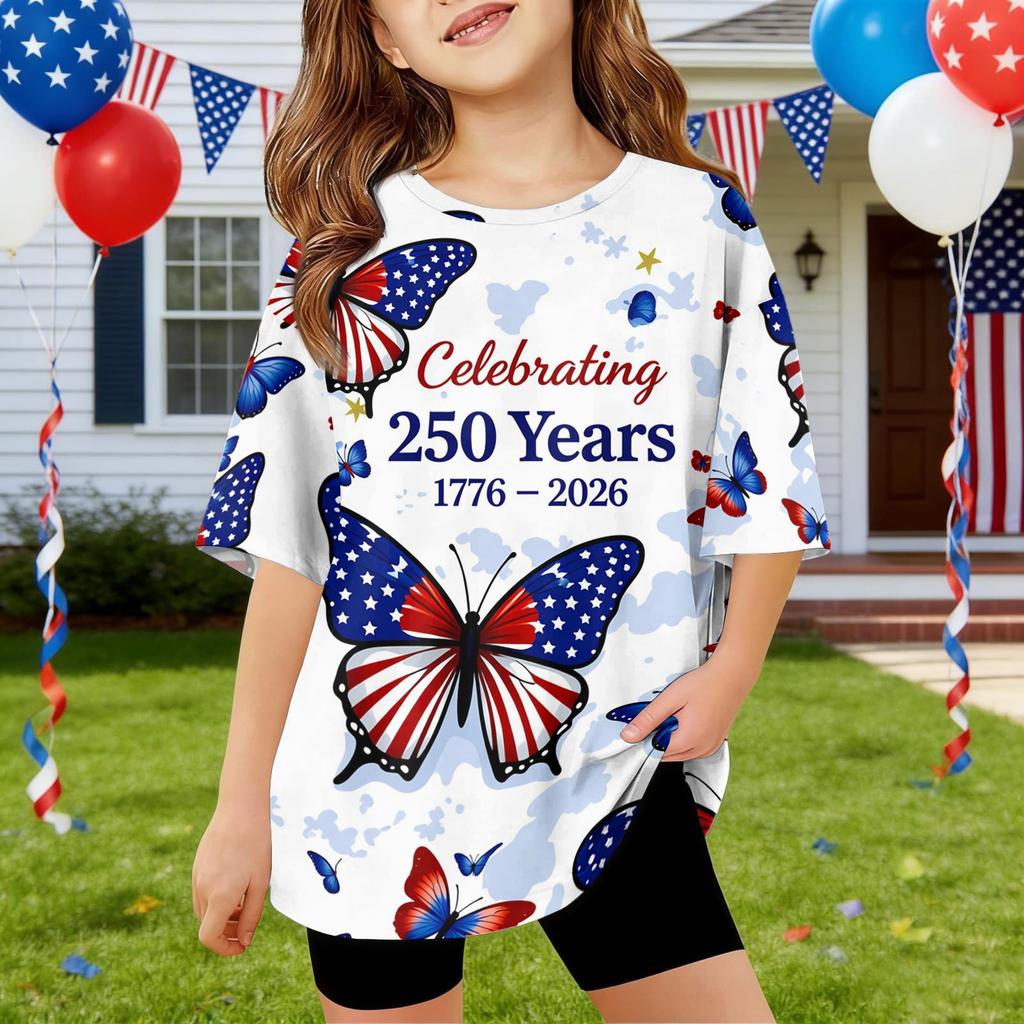 Kids Independence Day Print Round Neck Short Sleeve Casual T-shirt