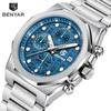 Benyar Multifunctional Men's Quartz Watch Stainless Steel Strap Alloy Case Chronometer 30M Waterproof Luminous Wristwatch