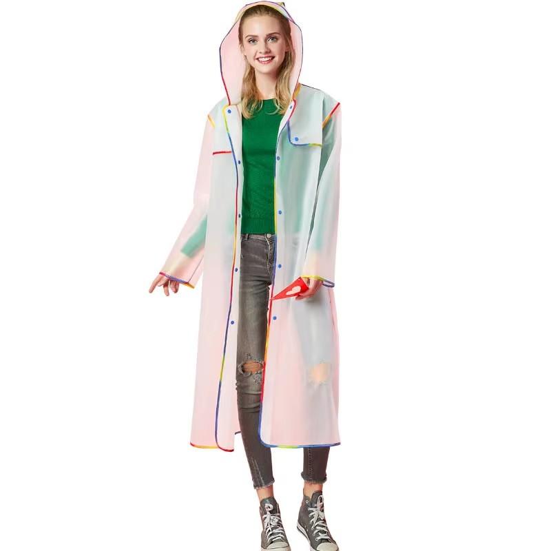 Modny EVA Męski Damski Płaszcz Przeciwdeszczowy na Piesze Wędrówki Przezroczysty Wodoodporny Długi Ponczo Kolorowa Krawędź Dorosły Outdoor Podróż Wiatroodporny Płaszcz Przeciwdeszczowy