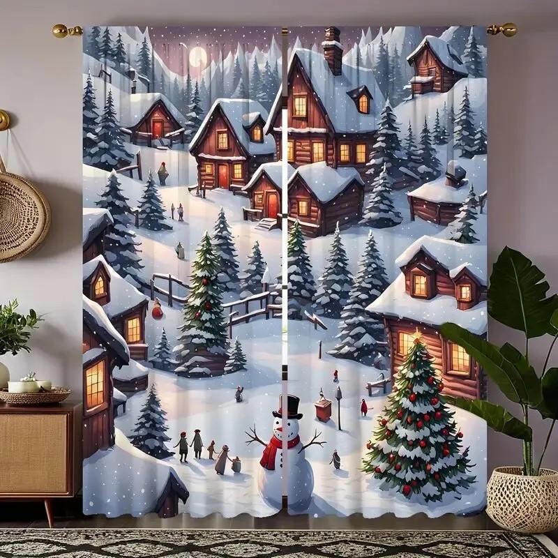Thermal Jit Scenic Winter Village Curtains Insulated Drapes Christmas Windows Home Decor Curtain Set Of 2 Rustic Made Polyester With Rod Pocket