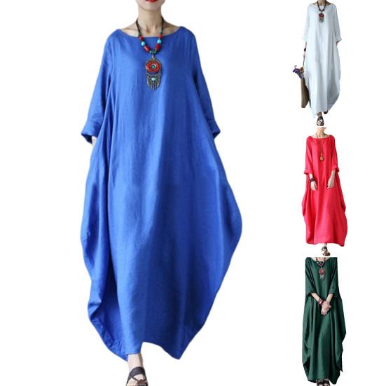 Kadın Elbise Uzun Kollu Bisiklet Yaka Düz Renk Retro Nefes Alabilen Bol Bilek Boyu Büyük Beden Saf Renk Maksi Elbise Günlük Kıyafetler