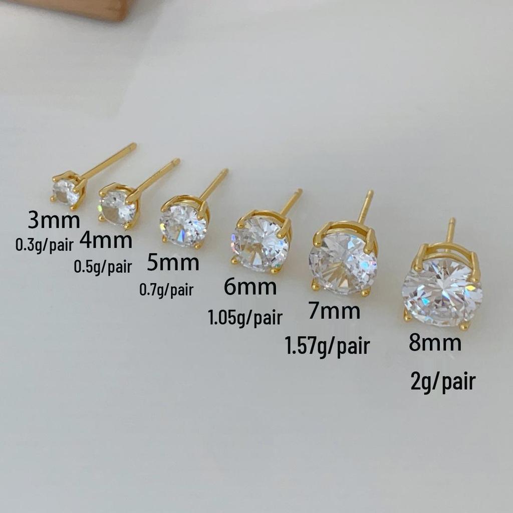 S925 Sterling Silver Four-Prong Set Cubic Zirconia Stud Earrings, Gold-Plated Fashion Design