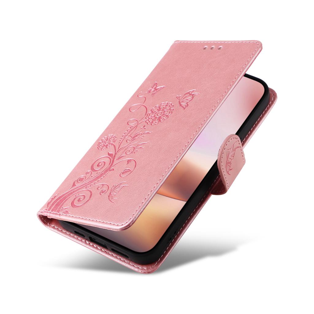 For iPhone 16 Plus Leather Case Butterfly Floral Imprint Wallet Stand Cover