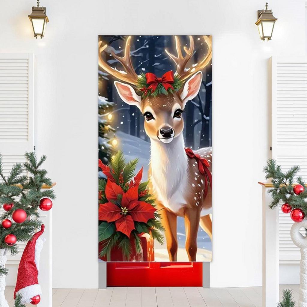 Deer Christmas Door Banner Xmas Party Decors Photography Backdrop Indoor Outdoor Porch Room Door Cover Background