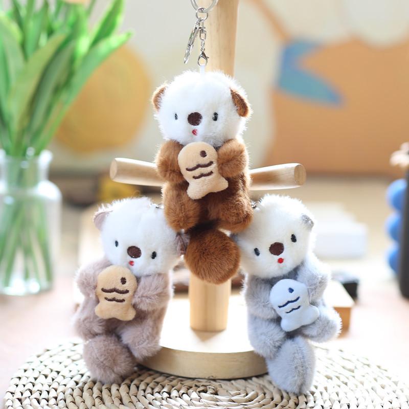 Cute Plush Otters Holding Fish Keychain  Backpack Animal Keyrings Bag Key Wallet Pendant Toy Girls Gift