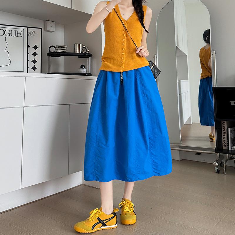 

Юбка средней длины с разрезом для женщин, летняя тонкая с высокой талией, ниспадающая, А-силуэта, юбка-зонт, свободная, средней длины, юбка-тыква S синий