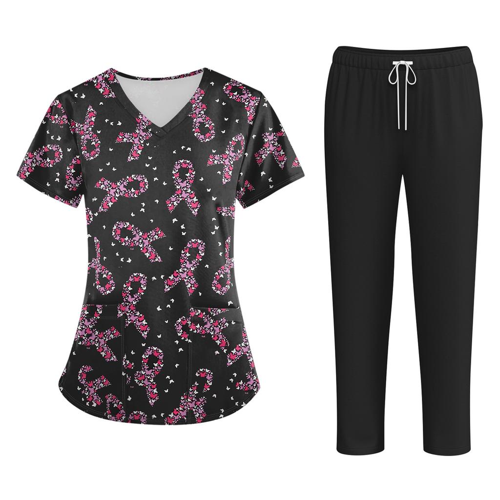 Großgrößen Bedruckte Arbeitsuniform-Oberteile Für Damen mit V-Ausschnitt Halloween-Print Kurzarm Lustige T-Shirts Tee Mit Taschen