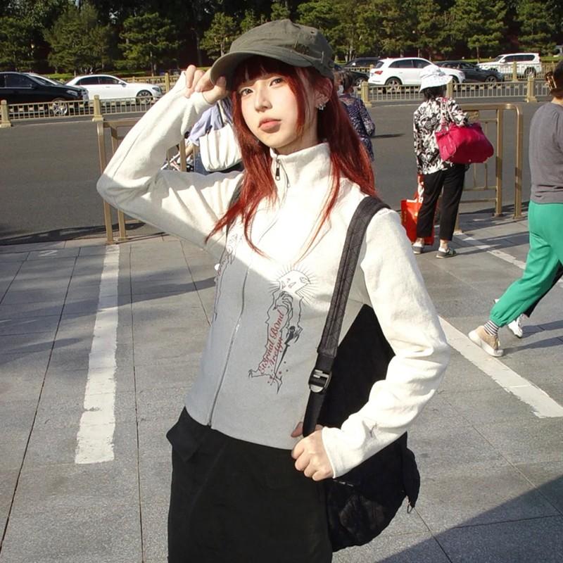 2KWEIRD Harajuku Turtleneck Cardigan Vintage Grunge Print Jacket Fairycore Y2k Ribbed Cardigans E-girl Graphic Clothes