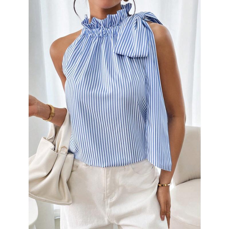 

Модная футболка без рукавов с высоким воротом, завязанная узлом, в полоску и кружевом M небесно-голубой