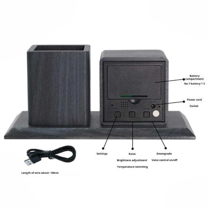 Creative Wooden Desk Item Combines Digital Alarm Clock With Pen Storage Section faint Setting And Three Alarm picks