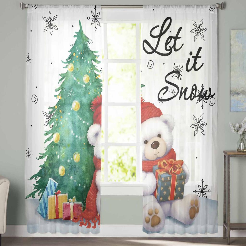 Christmas Snowflakes Retro Koala Curtains For Living Room Bedroom Home Decoration Window Voile Tulle Curtain Drapes