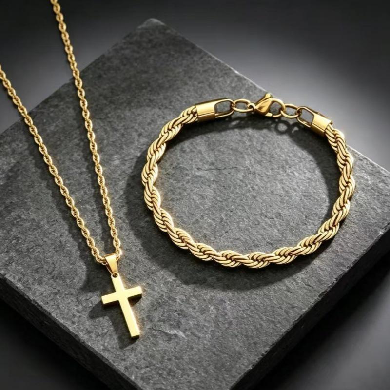 Temu Stainless Steel Hip Hop Cross Pendant Necklace & Bracelet Set