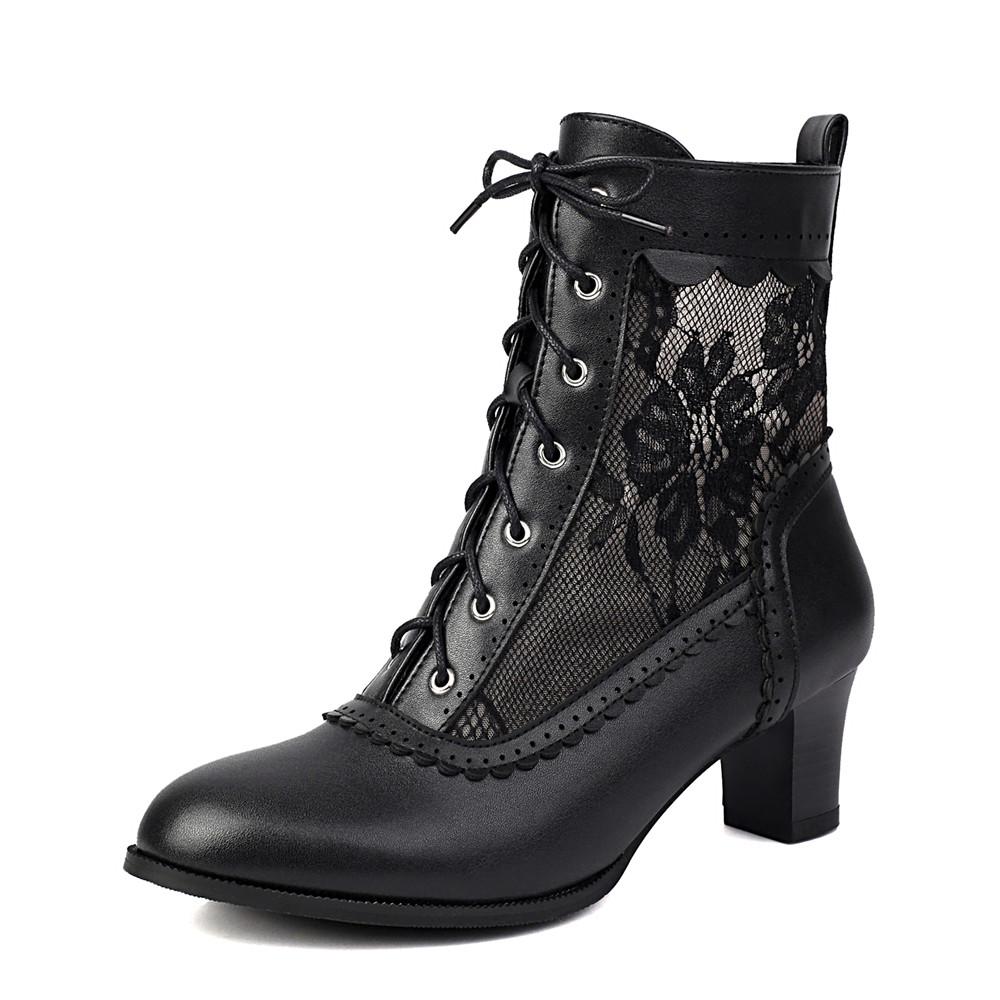 Fashion Women Victorian Ankle Boots Leather Lace Hollow Mesh Heel Shoes for women Fashion Lace-up Spliced Ladies High Heels Woman Boots
