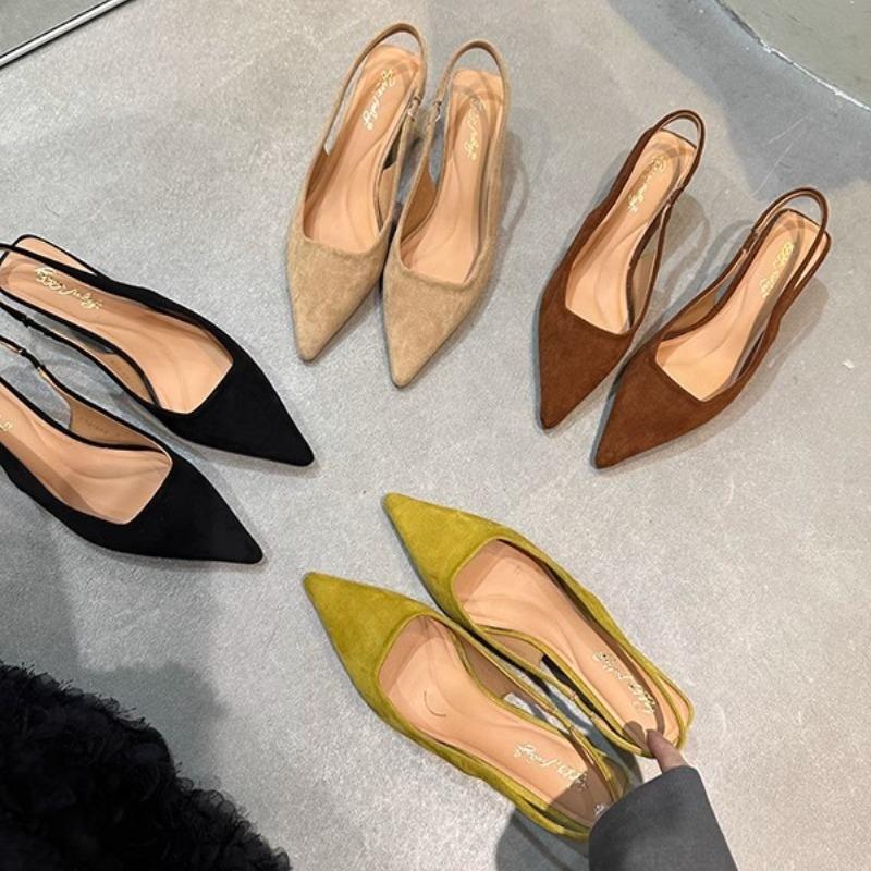 2025 Spring Summer Women Kitten Heels Pointed Toe Sandals Back Buckle Bling Silver Ladies Casual Med Heels Shoes