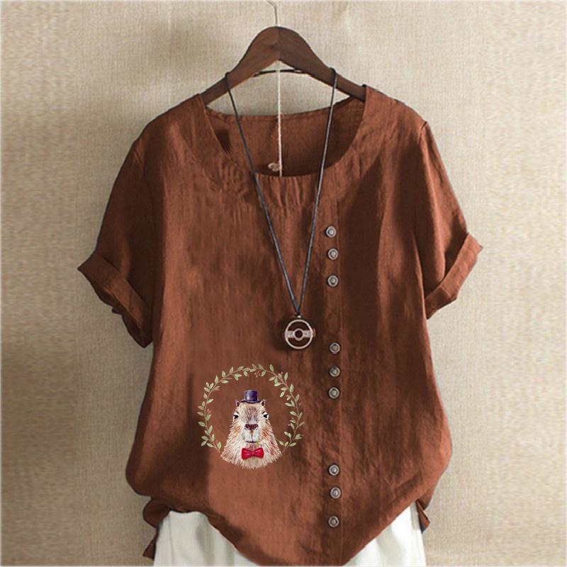 Women's Fashion Round Neck Short Sleeve T-shirt Casual Cotton Linen Graphic Shirt Leisure Loose Marmot Prined Summer Blouse Tops