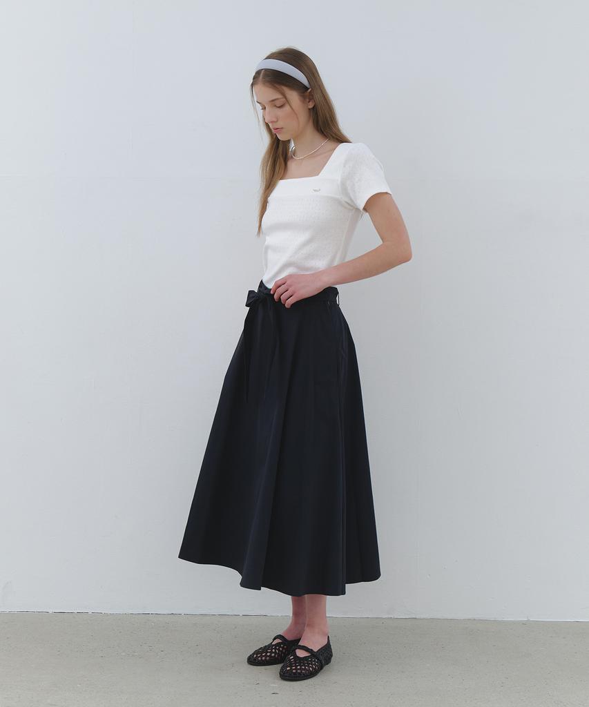 CLUNY Wide Tie Flare Long Skirt - Navy